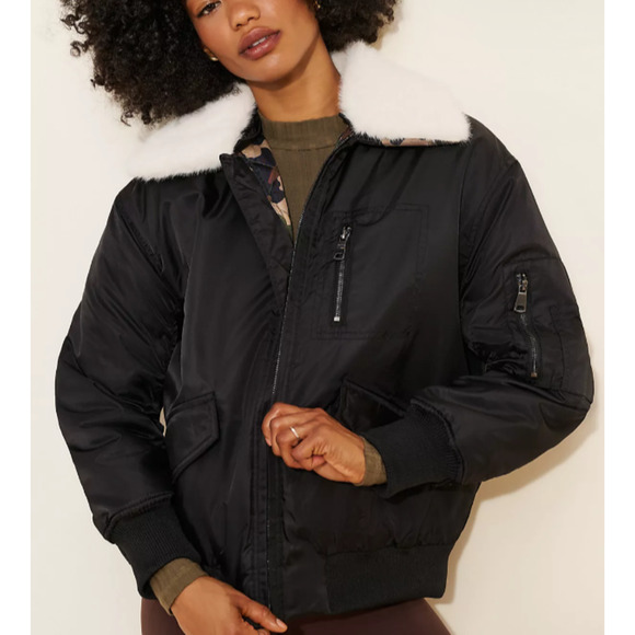NVLT x Anthropologie Faux Fur Collar Bomber Jacket L Black Aviator Camo lined - Picture 6 of 10